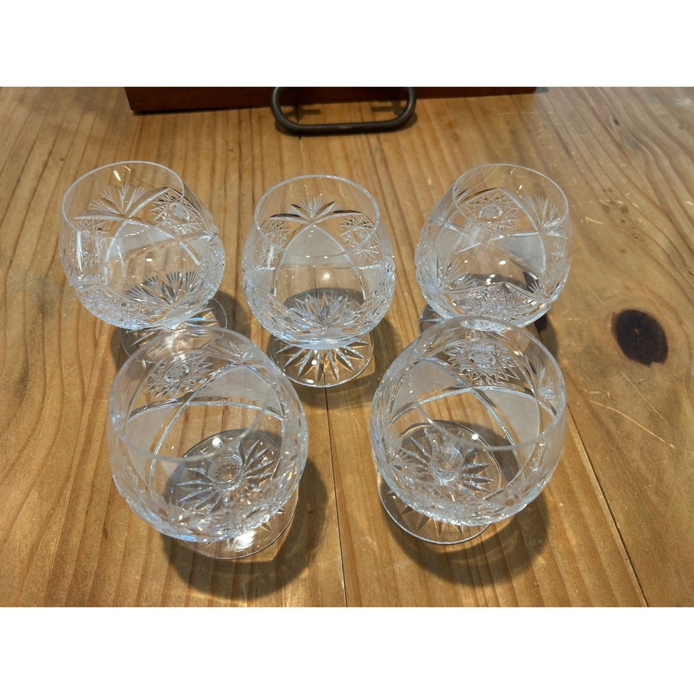 Vintage Cut Crystal Brandy Snifters Set of 5 Starburst Diamond Pattern Clear - Picture 2 of 5